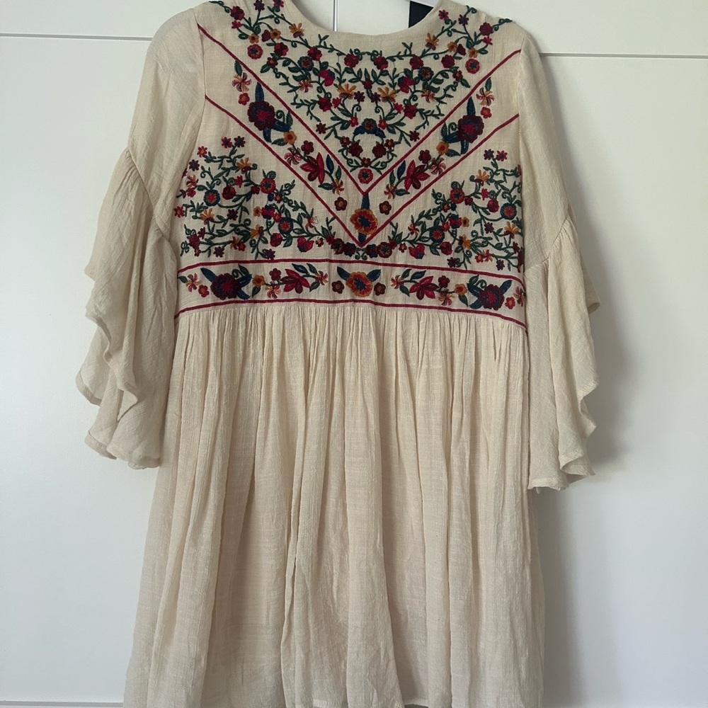 Embroidered Cream Dress with Floral Design